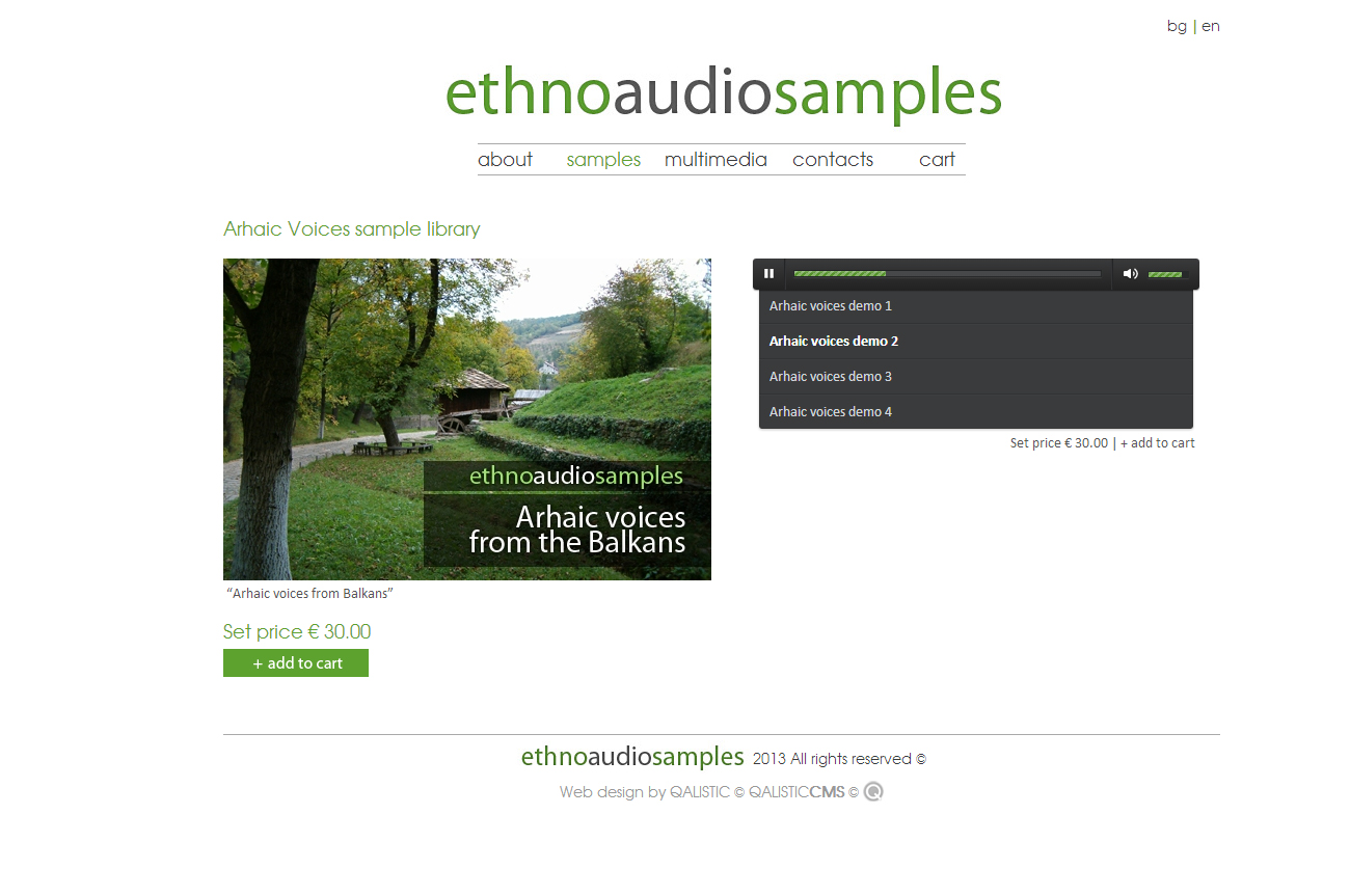 Multilingual online store with integrated QALISTIC CMS and PayPal Express Checkout  for Ethnoaudiosamples.

Customized audio player, SoundCloud,  YouYube and Vimeo rich media platforms integration. additional image 1