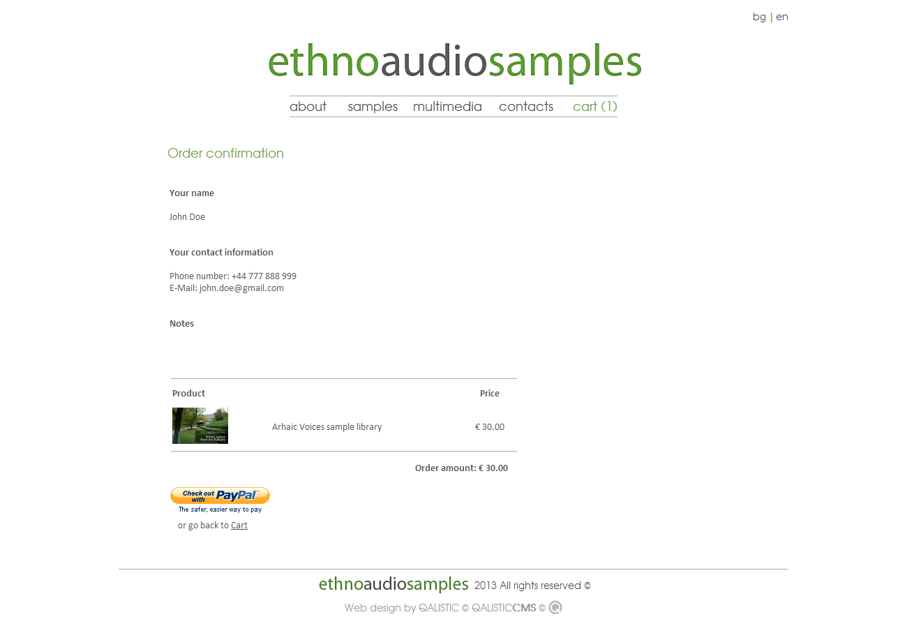 Multilingual online store with integrated QALISTIC CMS and PayPal Express Checkout  for Ethnoaudiosamples.

Customized audio player, SoundCloud,  YouYube and Vimeo rich media platforms integration. additional image 3