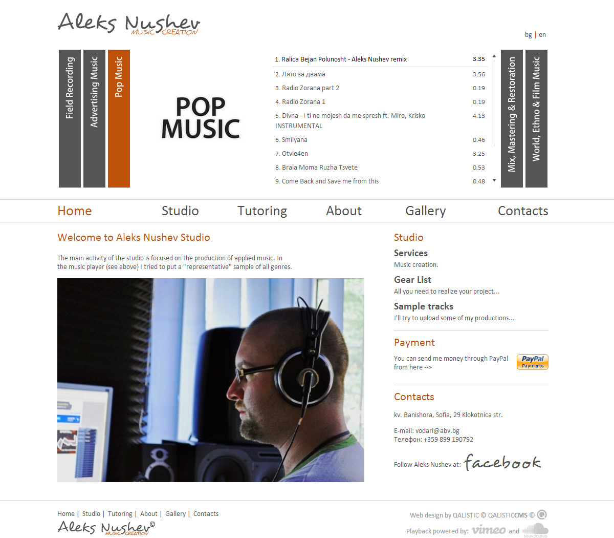 Multilingual website with integrated QALISTIC CMS for Aleks Nushev Music Creation studio.
Custom built media player development with integration of SoundCloud and Vimeo media platforms.