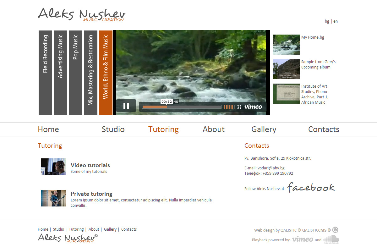 Multilingual website with integrated QALISTIC CMS for Aleks Nushev Music Creation studio.
Custom built media player development with integration of SoundCloud and Vimeo media platforms. additional image 1